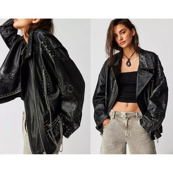 Free People Nigel Preston Chain Embellished Biker Jacket Leather - Picture 1 of 14